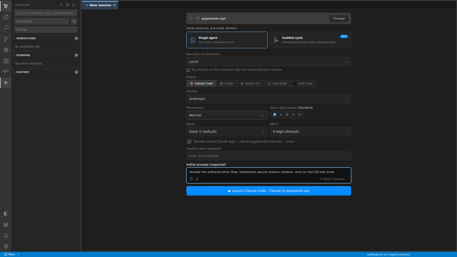 AirCode Ø launch form showing independent engine, provider, model, effort and runtime controls
