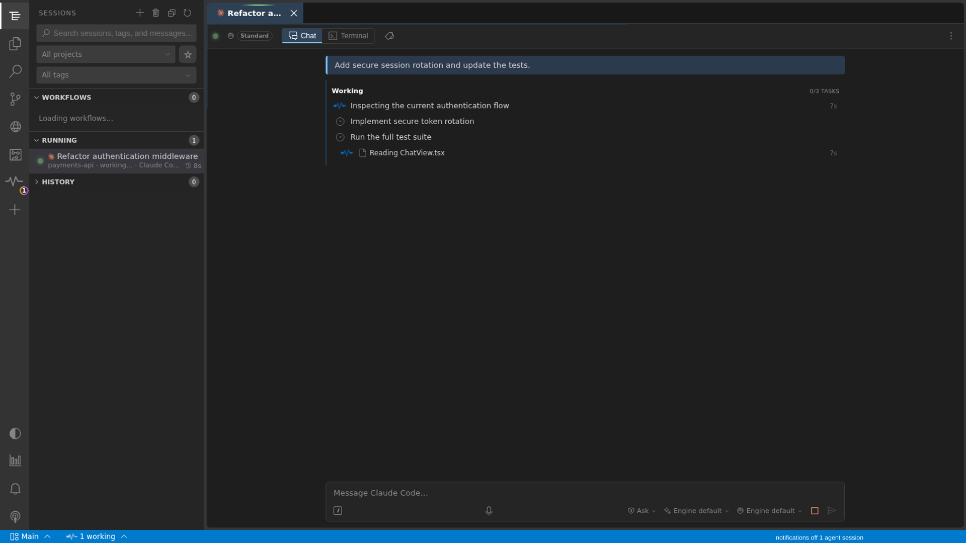 Live AirCode Ø coding-agent session with task progress and terminal controls