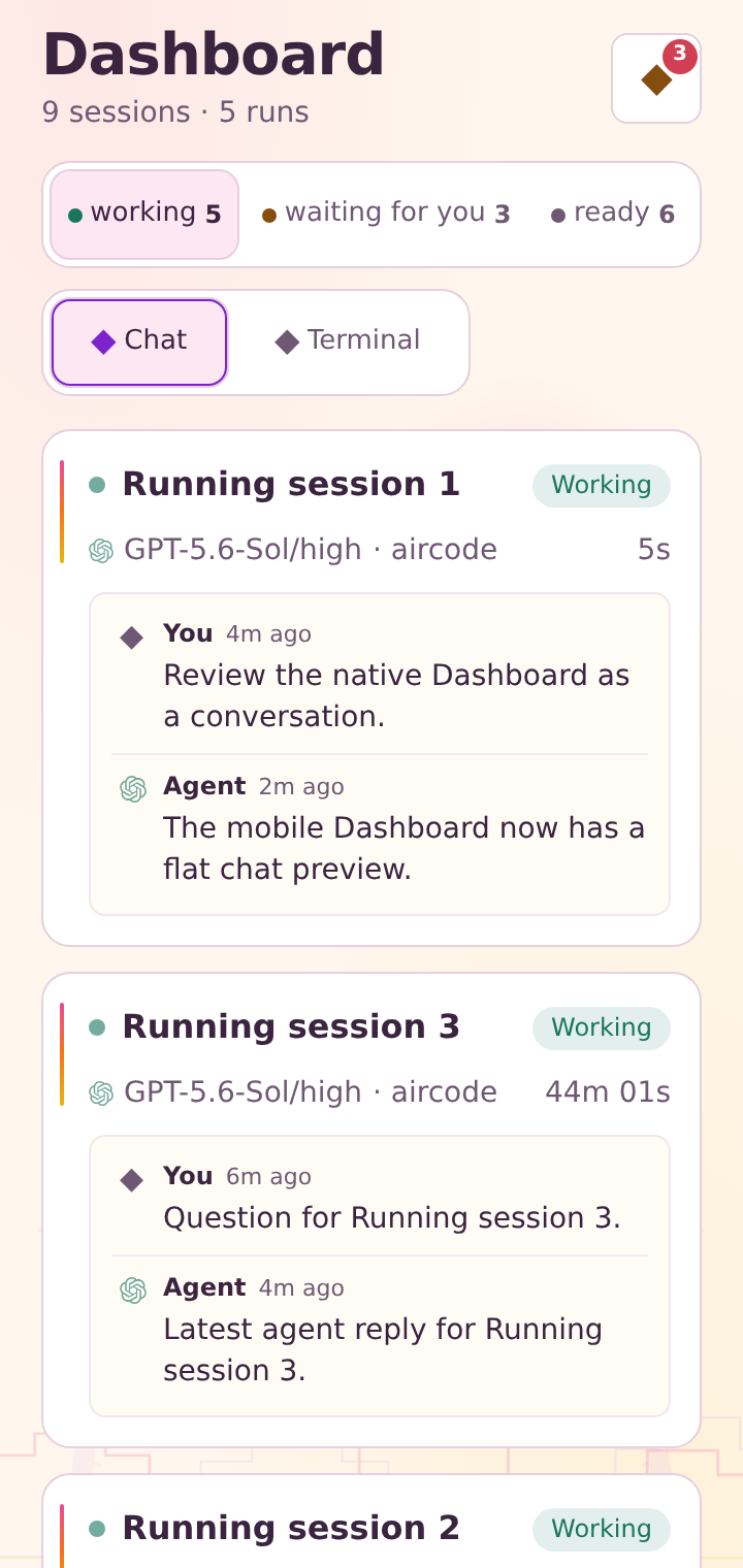 AirCode Ø mobile app Dashboard in Vice Sunset Light showing live agent work and compact chat previews